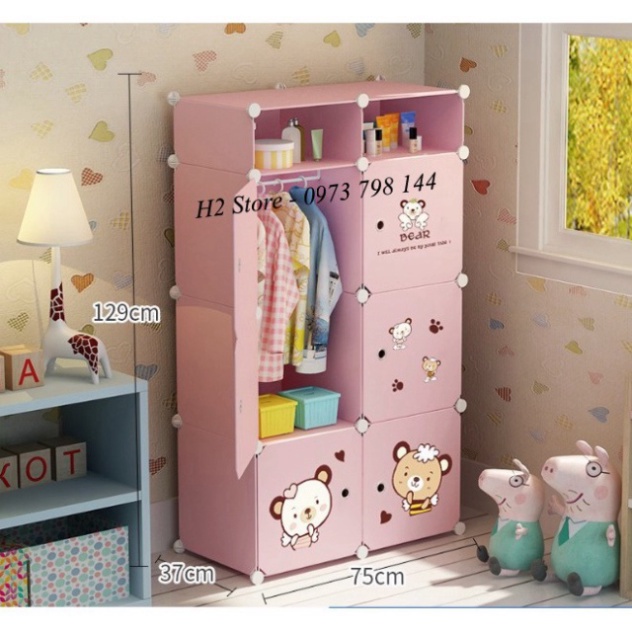 TỦ LẮP GHÉP 6 Ô + 2 Ô NHỎ CỬA GẤU DỄ THƯƠNG ĐỂ QUẦN ÁO ĐA NĂNG THÔNG MINH sâu 47cm