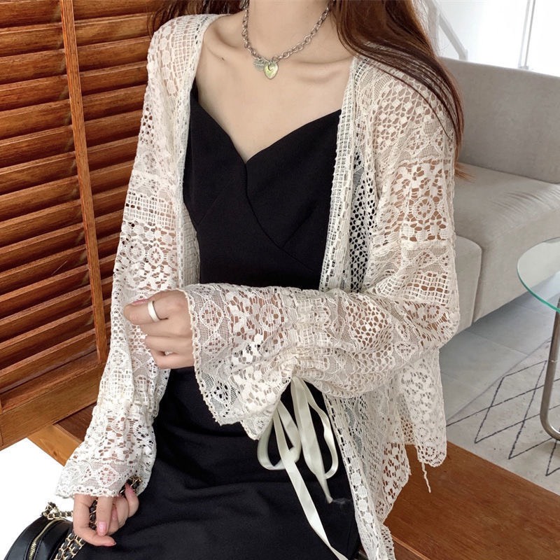 Áo Khoác Cardigan Aimeehouse áo Ren Tay Dài Dáng Rộng Nữ Tính áo ren đi biển sexy
