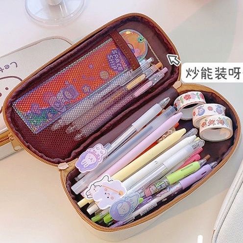 Bóp Viết Vải Canvas Màu Trơn In Hình Gấu Hoạt Hình Dễ Thương