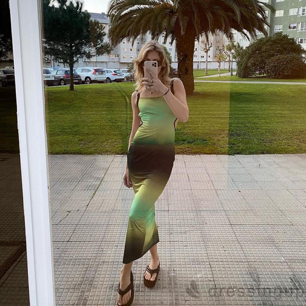 DRE-Women Midi Dress,Suspender Sleeveless Cross Tie-up Bandage Open Back Gradient Contrast Color Dresses