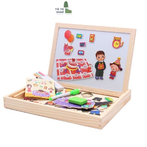 Xếp hình nam châm chủ đề gia đình , lắp ráp trang phục gia đình Family Member kèm bảng 2 mặt , phấn và bút dạ MWZ-2069