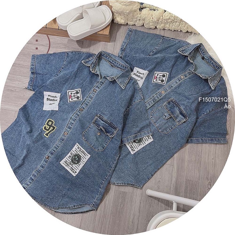 Áo sơ mi Jean 97 hình chuột và tem mặt cười đen s TT1507