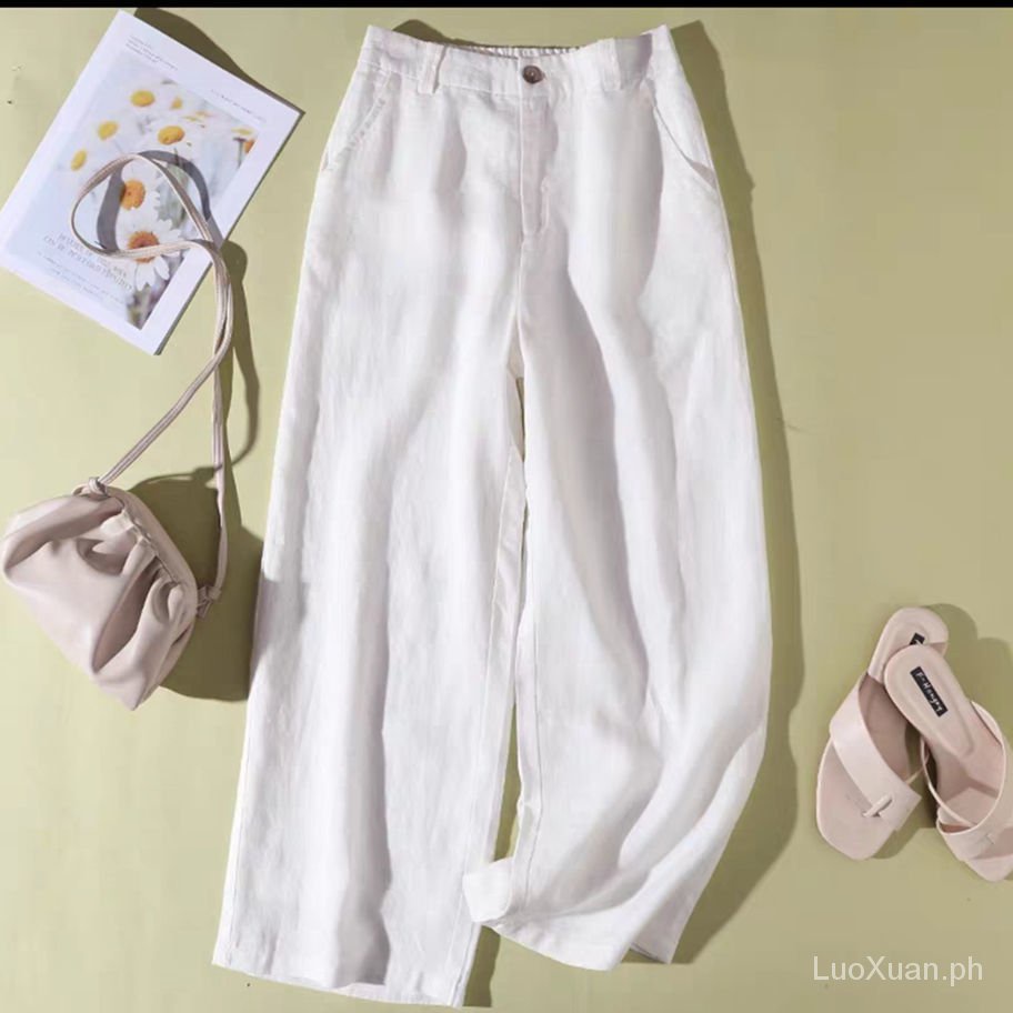 Quần Dài Cotton Lanh Ống Rộng Lưng Thun Co Giãn Thời Trang Cho Nữ
