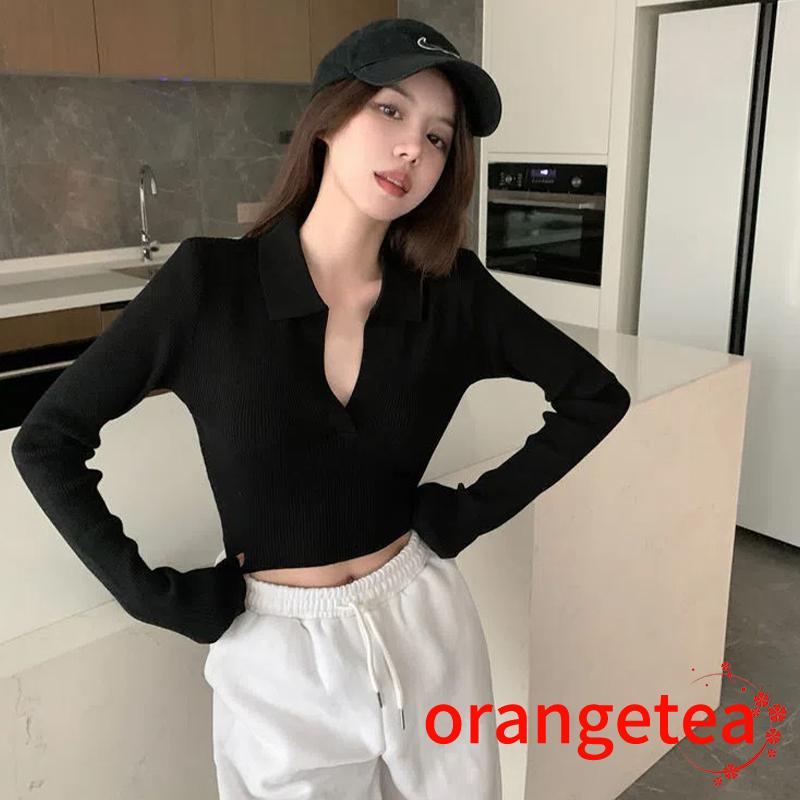 Áo Croptop Dệt Kim Tay Dài Cổ Chữ V Màu Sắc Thanh Lịch