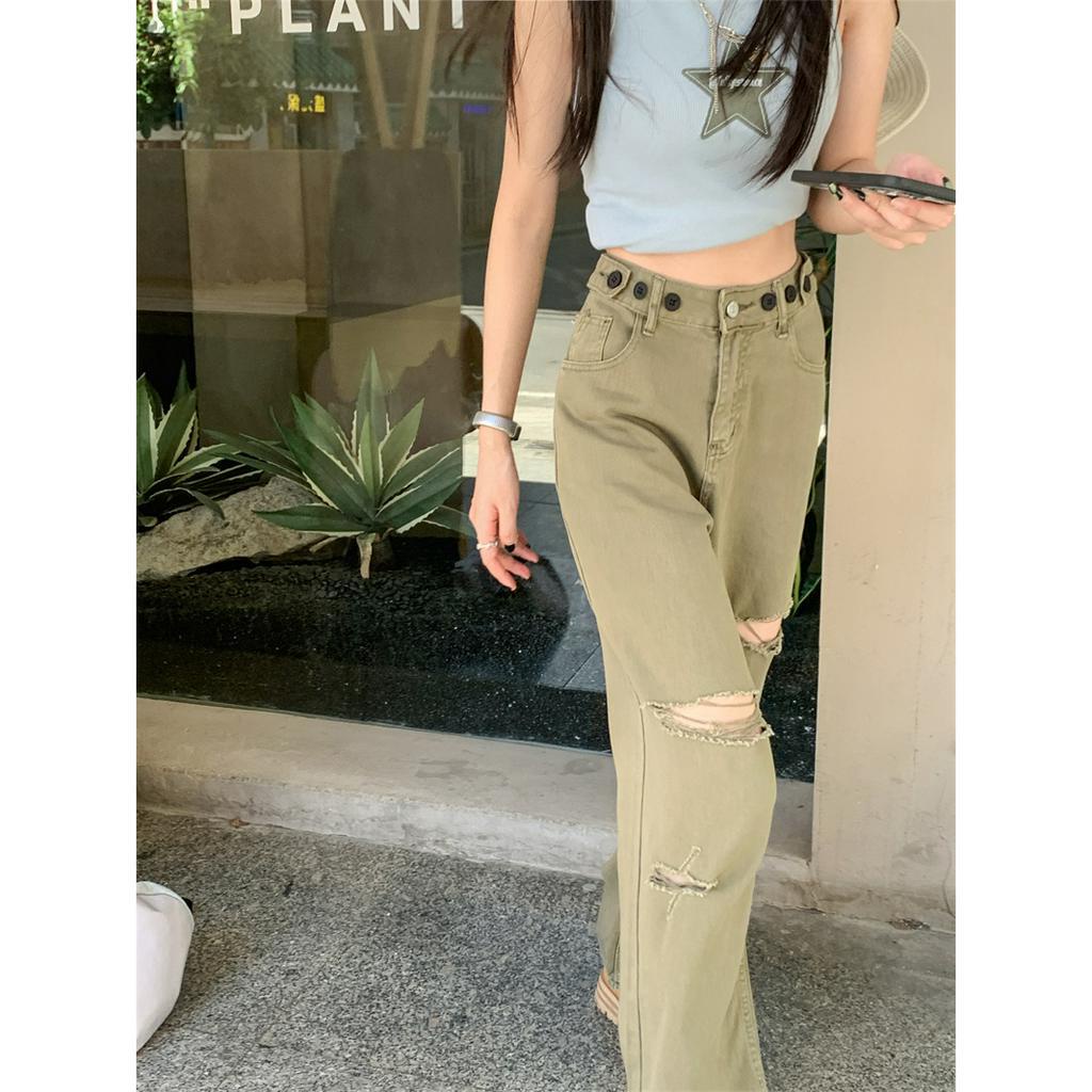 「 WELOVE1 」Quần Jean Dài Dáng Rộng Lưng Cao Phối Rách Kiểu Mỹ Thời Trang Mùa Hè Cho Nữ