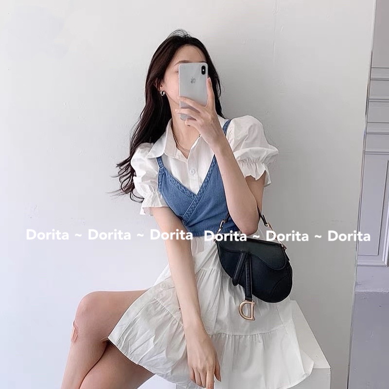 Đầm tay bồng Babydoll Hàn Quốc kết hợp áo buộc dây, Váy trắng kèm áo croptop Denim