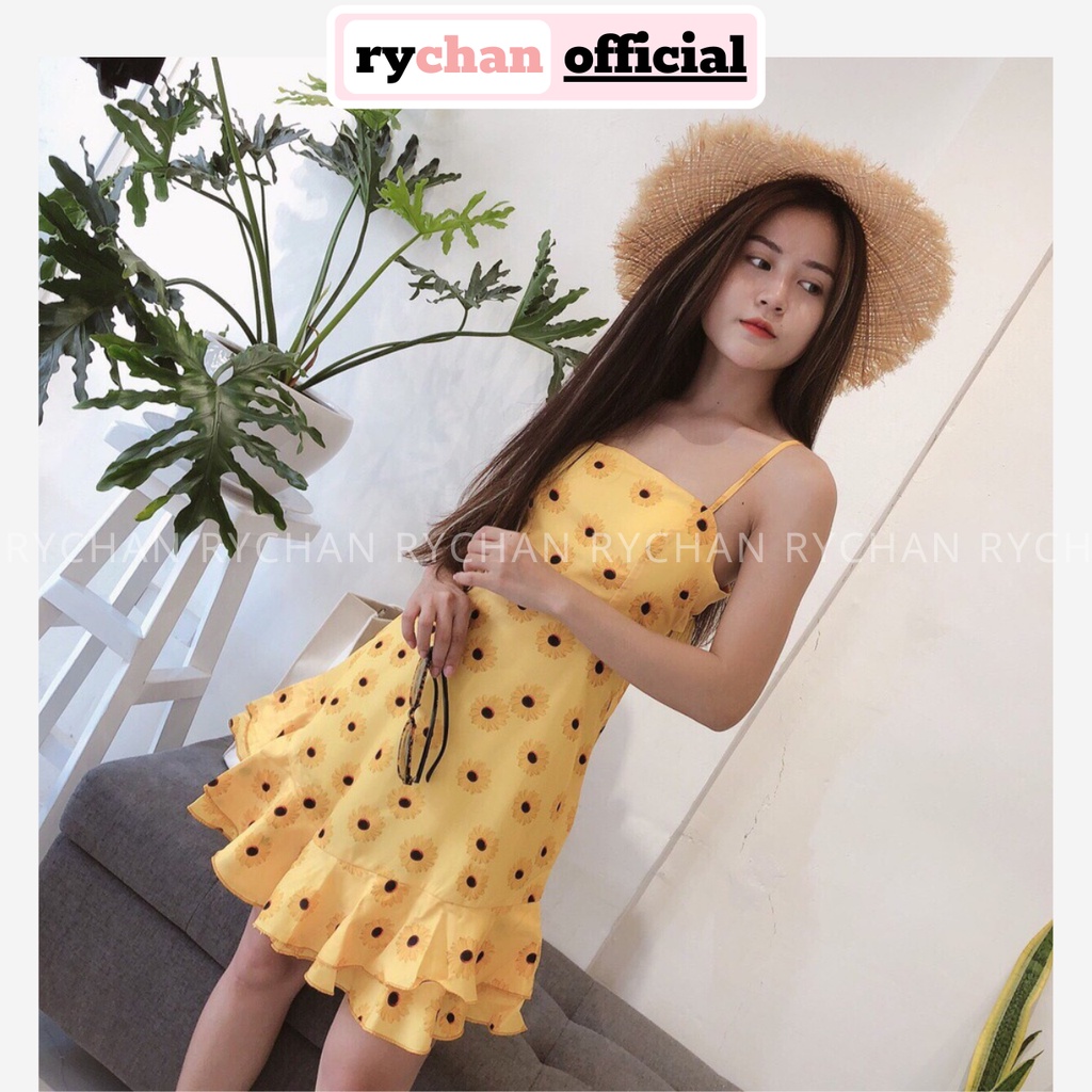 DX929 - Đầm Xòe Hai Dây Hoa Hướng Dương Cột Lưng Kèm Hình Thật Đầm Hở Lưng 2 Dây Đuôi Cá