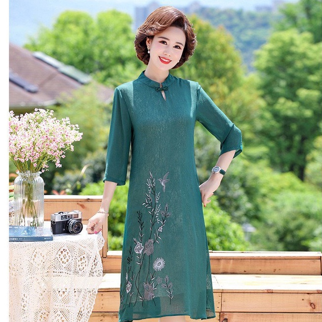 Đầm Trung Niên D395, Mẫu Đầm Cho Mẹ Trung Niên Chất Chiffon Form Rộng Tay Lỡ Sang Trọng | Thời Trang Trung Niên U50+