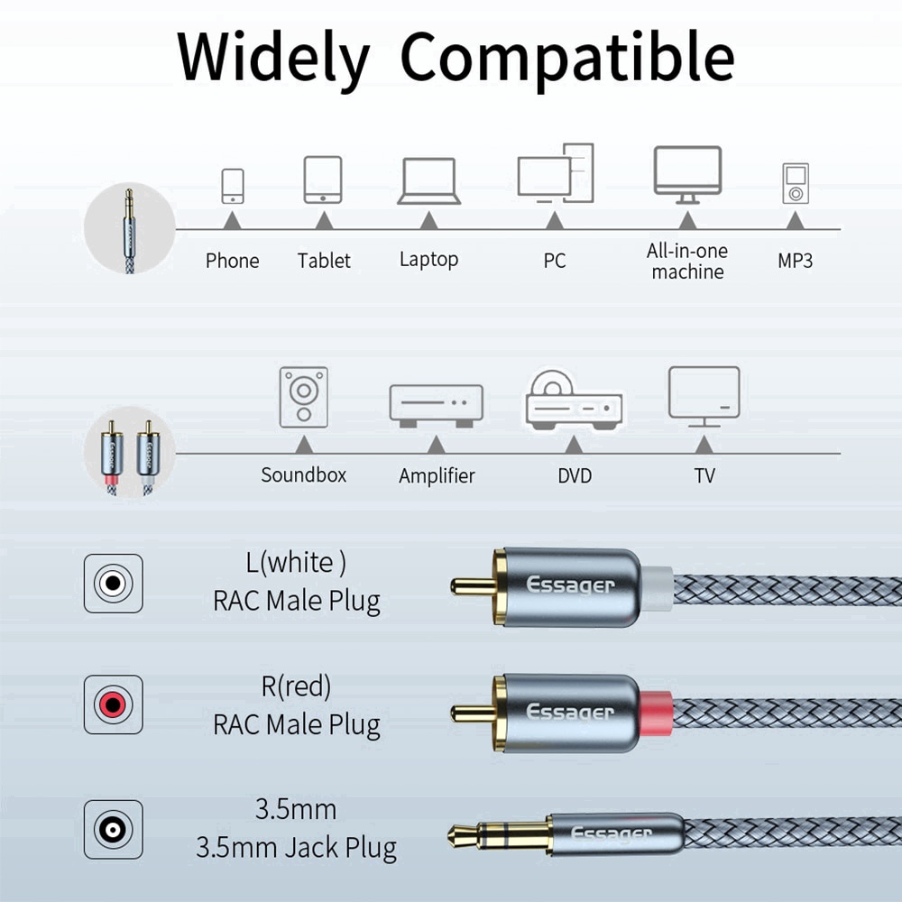 Dây cáp âm thanh chia cổng ESSAGER 3.5mm sang 2 RCA dành cho máy tính bàn TV DVD