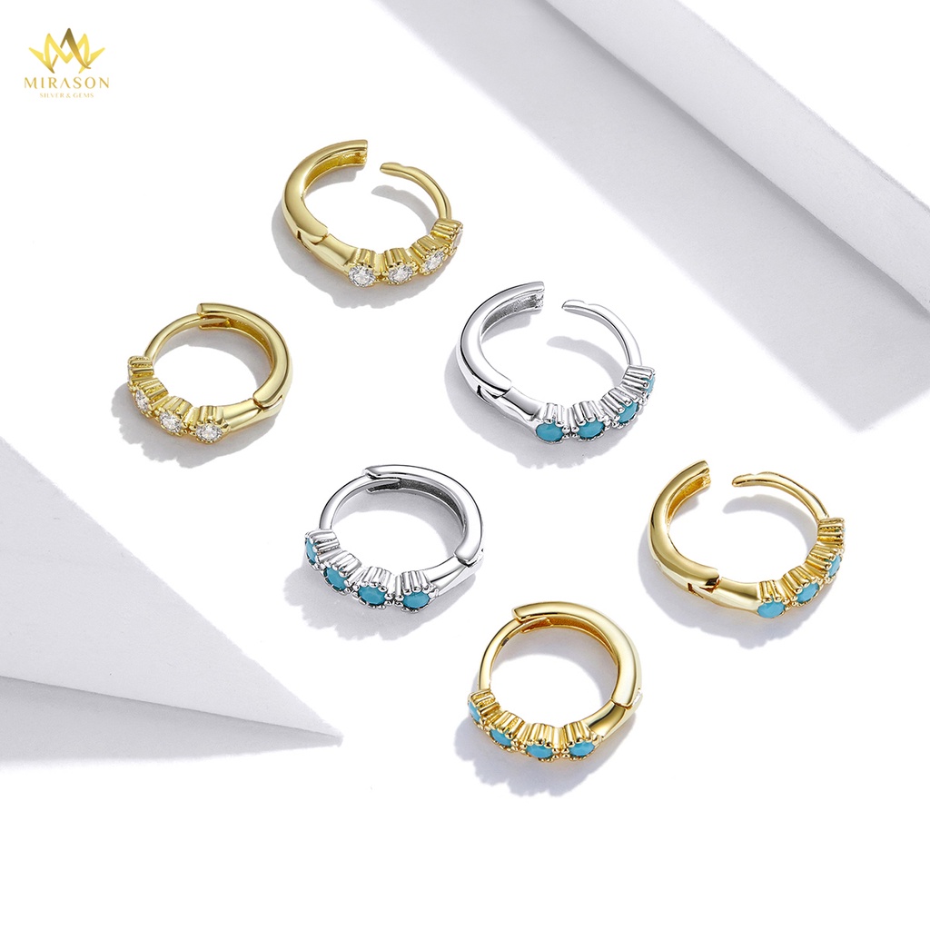 Khuyên Tai Bạc Nữ MIRASON Tròn Nạm Đá Xanh Nhiều Màu Sang Trọng MBT256 - Bông Tai Nữ Bạc 925 Cao Cấp