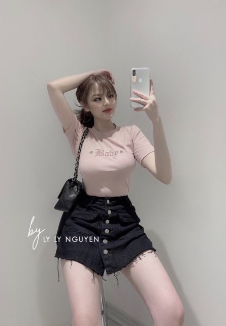 Quần jean giả váy khuy giữa nắp tui hàng QCL1