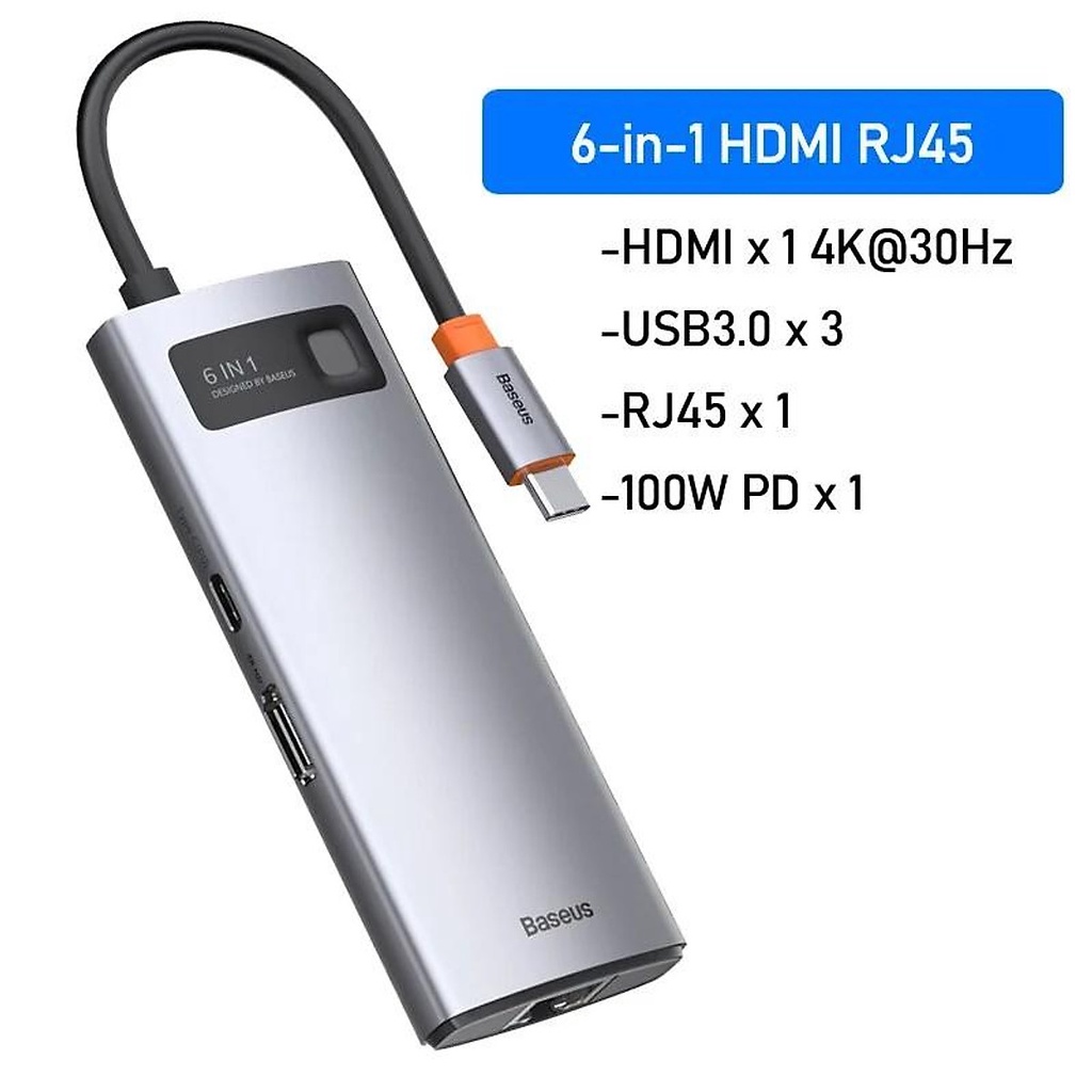 Hub chuyển Baseus 100W Metal Gleam Series Multifunctional Docking Station cho Macbook (HDMI, 3*USB3.0, RJ-45, TypeC)