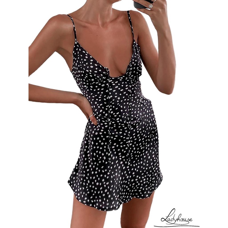 Đầm Hai Dây Hở Lưng Họa Tiết Chấm Bi Thời Trang Sành Điệu Cho Nữ