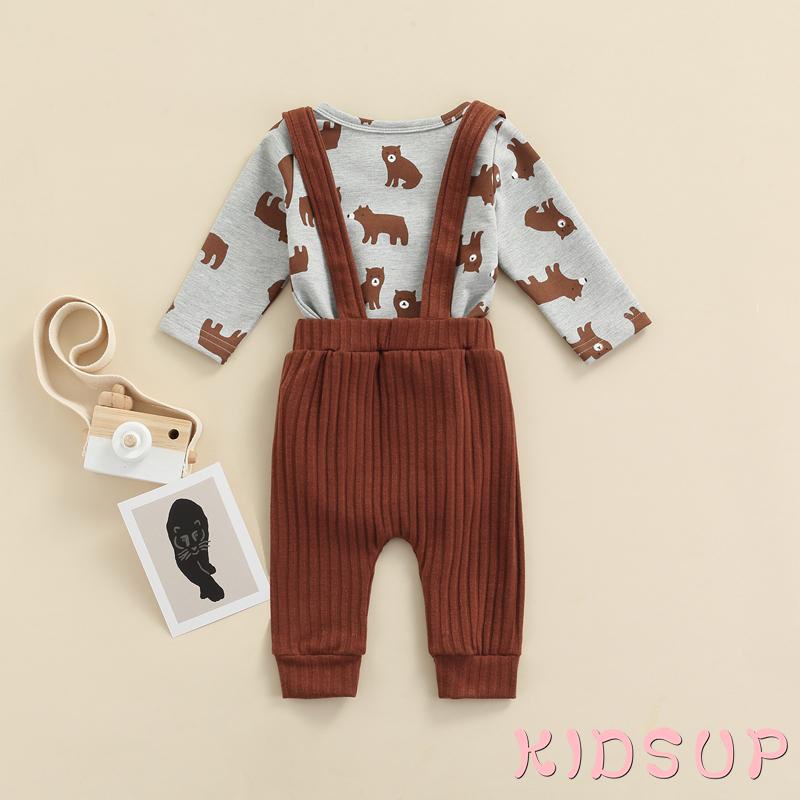 Set đồ 2 món áo tay dài in hình gấu hoạt hình + quần yếm dành cho bé trai