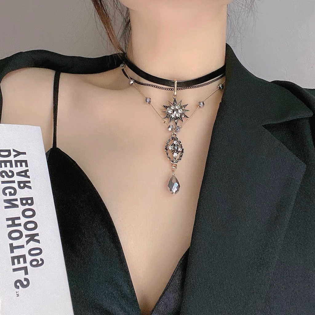 Vòng cổ bằng da CHOKER khí chất nữ thần Retro bảoque gothic pha lê nhiêu lớp khoe xương quai xanh