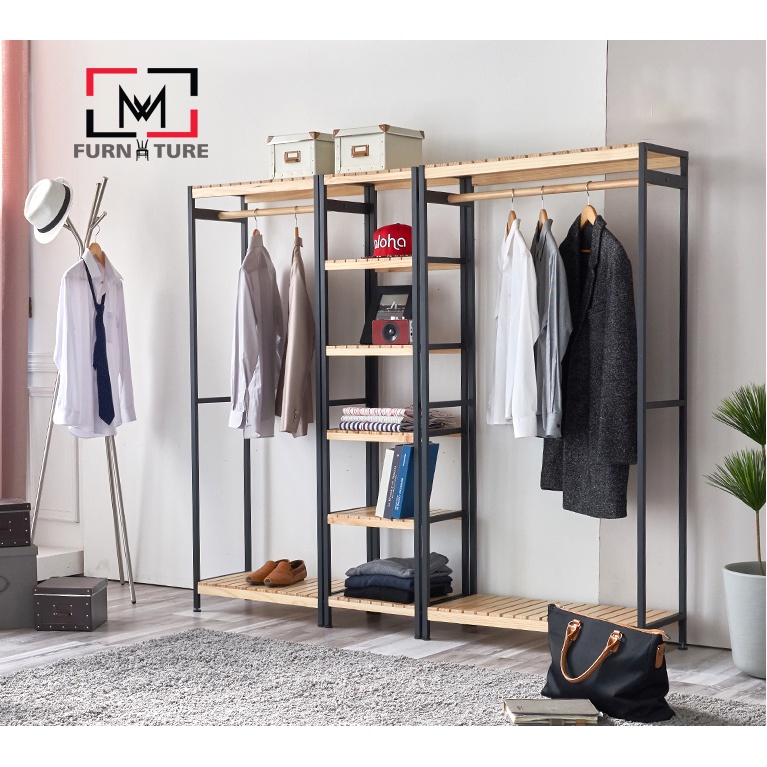 Combo tủ treo quần áo gỗ khung sắt tĩnh điện màu đen cao cấp MW FURNITURE - Combo iron closet - Nội thất căn hộ