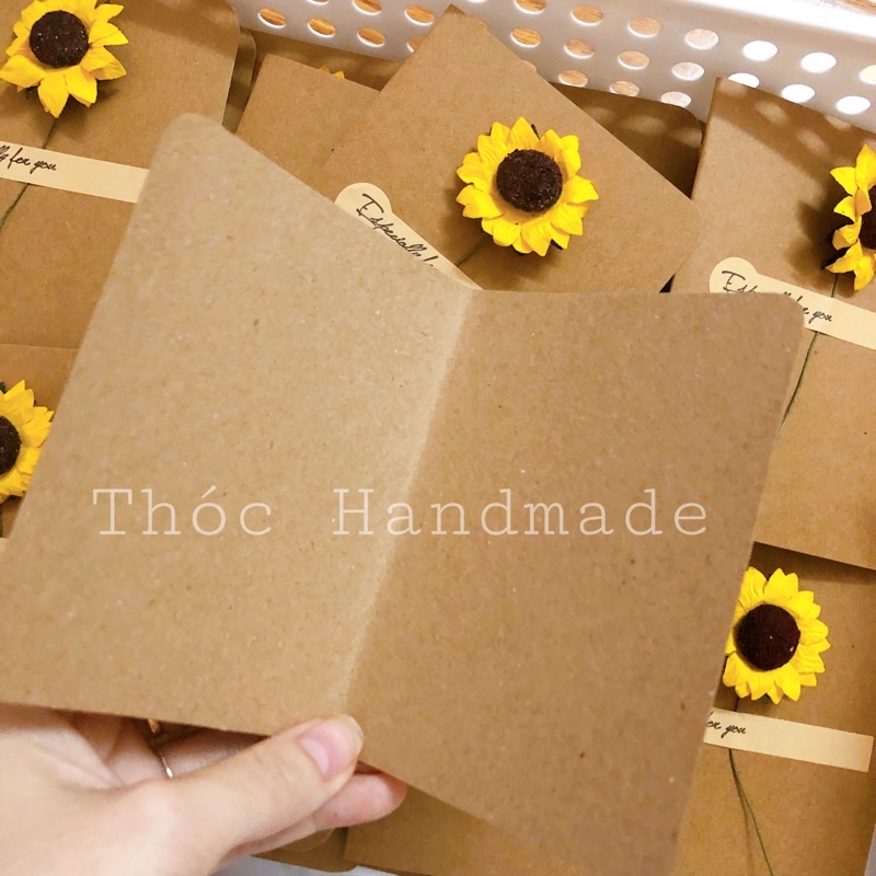 Thiệp giấy kraft Vintage cài hoa hướng dương Handmade,thiệp sinh nhật,thiệp chúc mừng