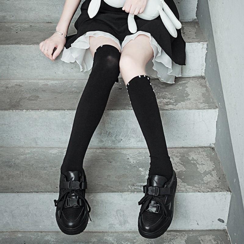 Vớ chân cao đến đầu gối in họa tiết trái tim trang trí nơ đính đá phong cách gothic punk lolita cho nữ