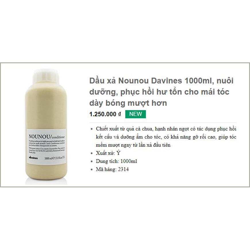 [Davines-Italia] Dầu xả phục hồi tóc hư tổn Nounou Davines Conditioner 1000ml