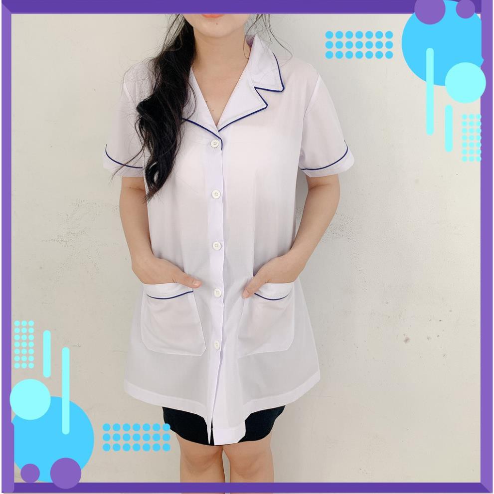 Áo Blouse Trắng Dược Sĩ, Y Tá, Nhà Thuốc Ngắn Tay Viền Lé Bích Cao Cấp ་