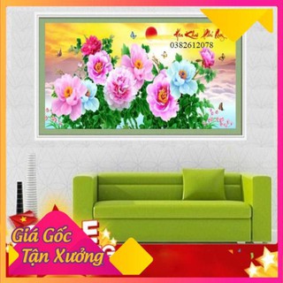 110x55Cm Tranh đính đá Hoa Khai Phú Quý,Tranh đính đá 3D chưa đính LV408, Tranh đính đá Hoa mẫu đơn
