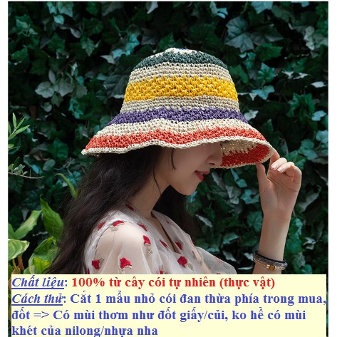 Mũ cói cầu vồng đi biển, du lịch-Cói tự nhiên, ko pha nhựa