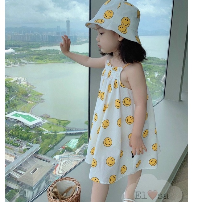Váy 2 dây ICON mặt cười vàng kèm mũ siêu xinh cho bé 8-18kg