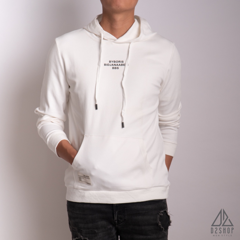 Áo hoodie nam D2shop màu trắng, in chữ