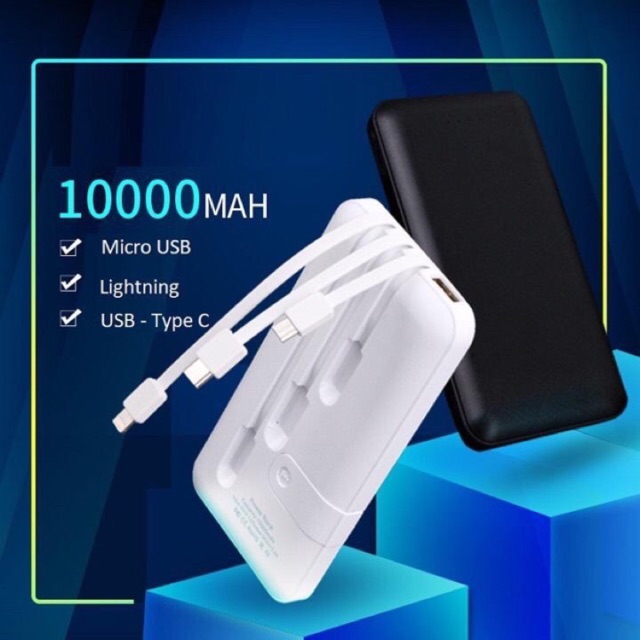 Sạc dự phòng 10000mAh tích hợp 3 dây sạc lightning/Micro/Type c