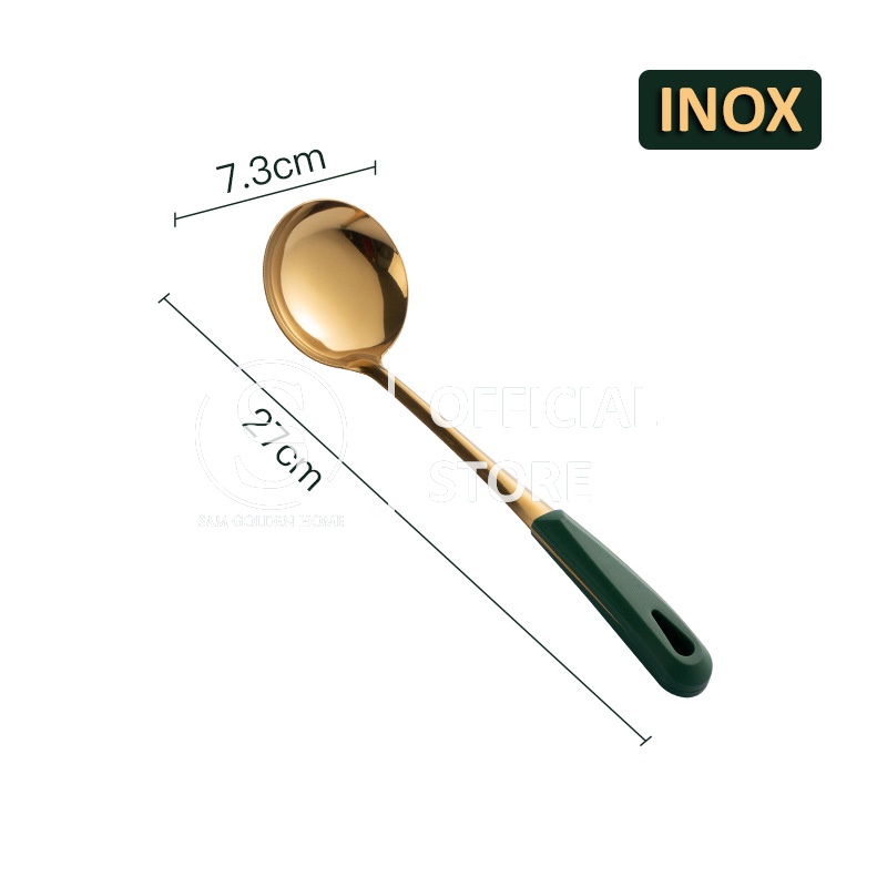 Muôi Vá Múc Canh Vàng Inox 304 Siêu Bền Cao Cấp Cán Xanh Lá Cổ Vịt Emerald (2 Mẫu)