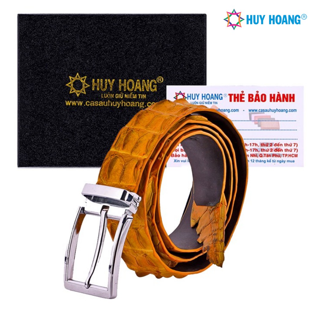 Thắt lưng nam da cá sấu Huy Hoàng nguyên con màu vàng nghệ-LS4261