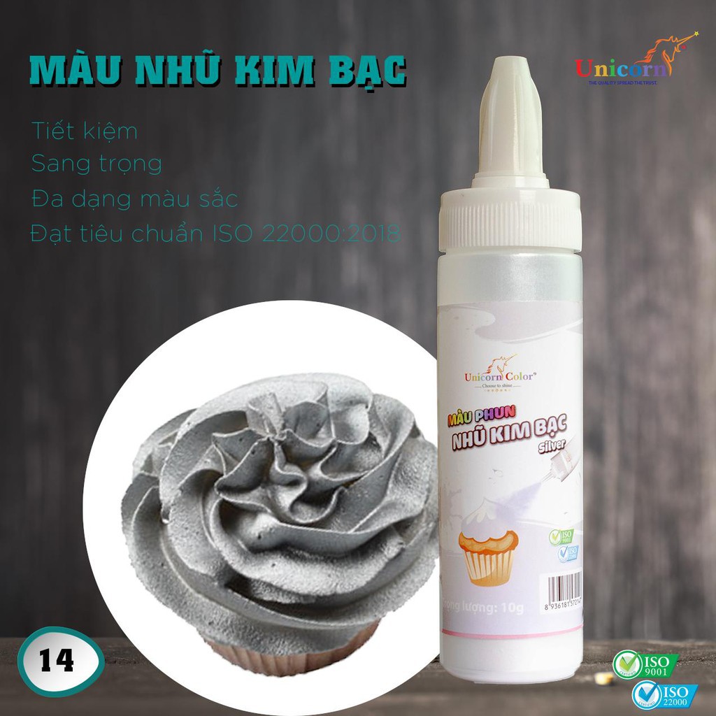 Màu thực phẩm chai xịt nhũ kim Unicorn màu bạc 10gr ⚡ HÀNG CAO CẤP ⚡ bột nhũ trang trí bánh kẹo ( trọng lượng 10gr )