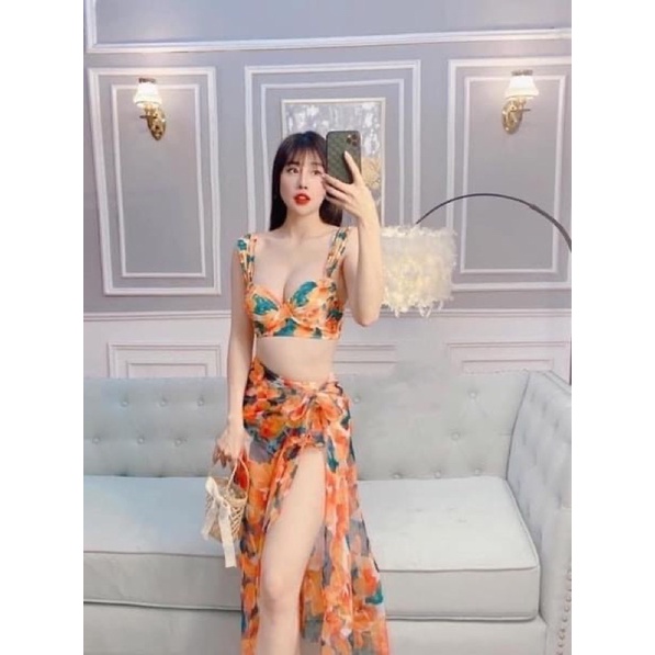 Set Bikini + Khăn Voan Hoạ Tiết Hoa Lá Hot 2023 Bikini Emma