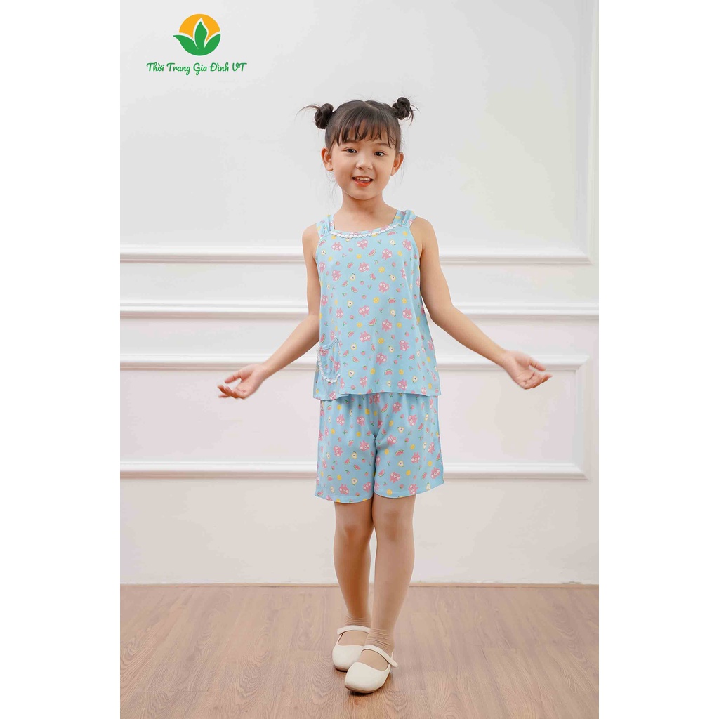 Bộ đồ lanh quần đùi áo hai dây cổ ren bé gái Việt Thắng chất lanh mềm mại, thoáng mát B62.2205
