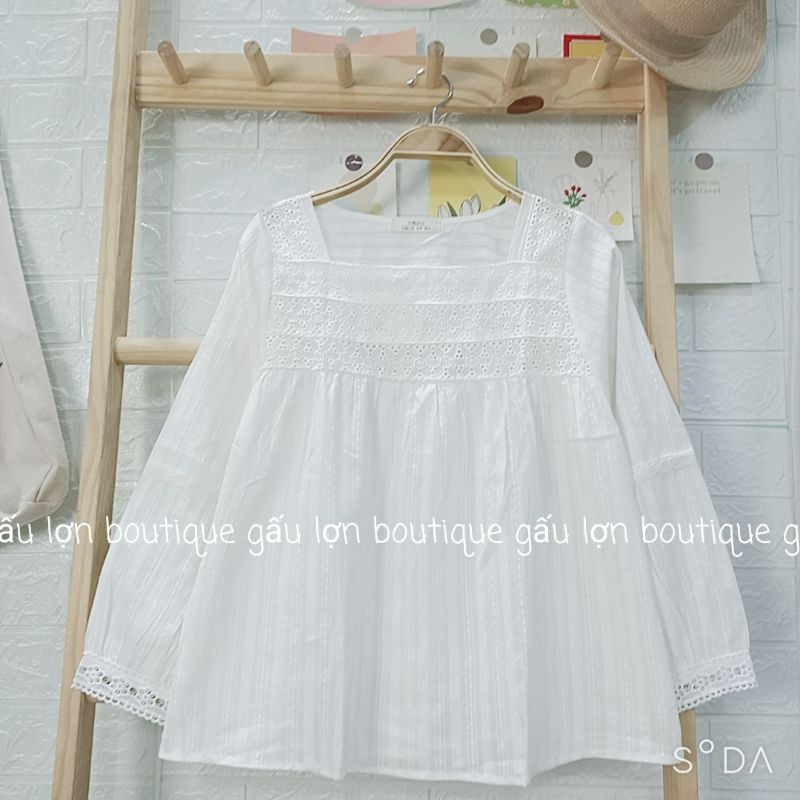 Áo babydoll cổ vuông vintage chất thô mềm ảnh thật