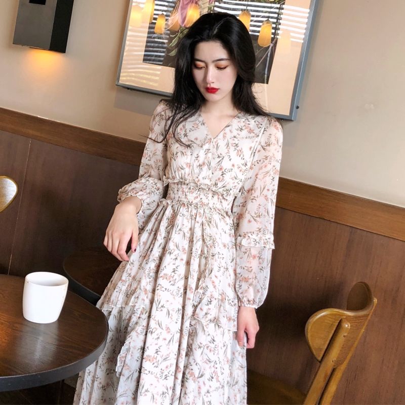 Đầm Maxi tay dài chất Chiffon hoạ tiết hoa nữ tính