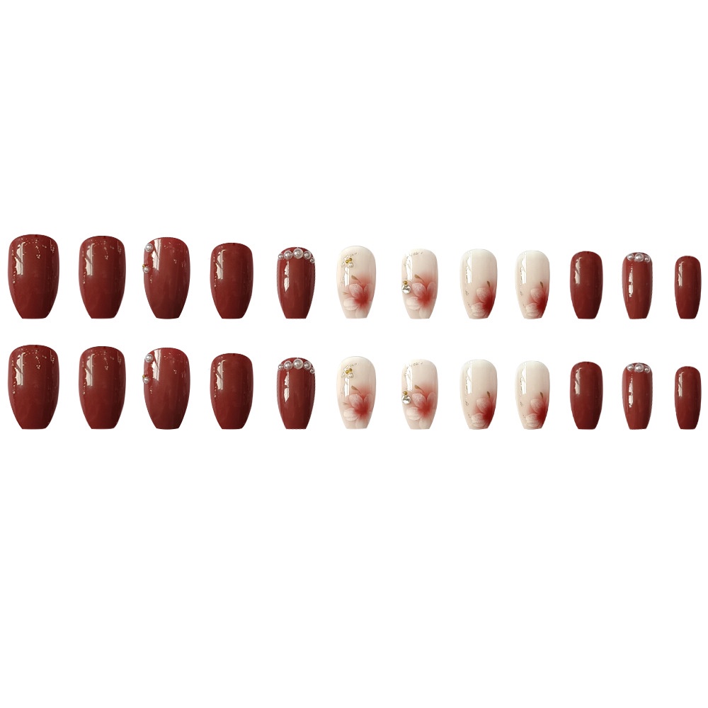 Bán Chạy- Móng Tay Giả Ngắn Đính Hoa Trà Và Hạt Ngọc Trai Kim Cương Giả Phong Cách Mới