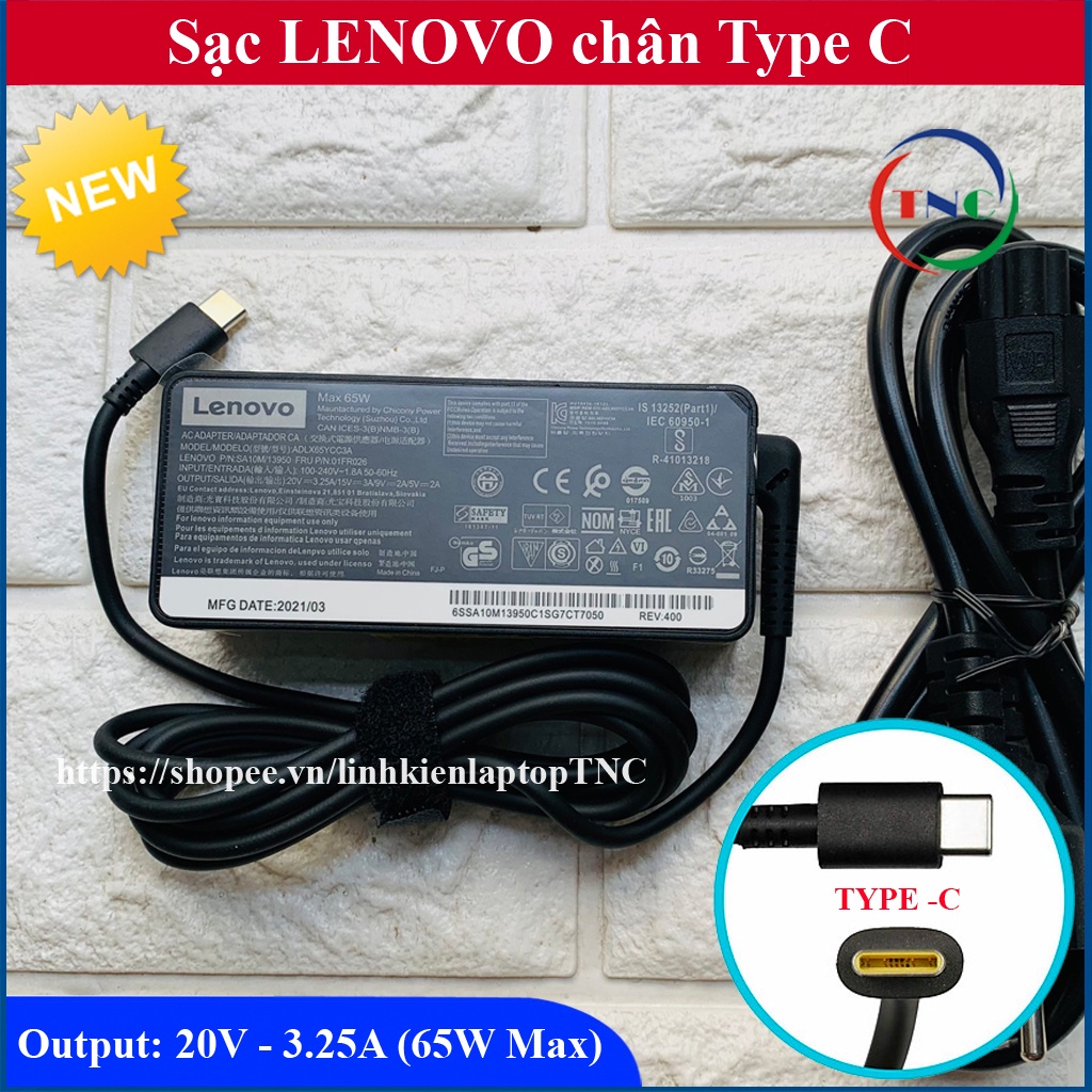Sạc Laptop Lenovo TYPE C 20V - 3.25A 65W (Chân USB-C) - hàng mới
