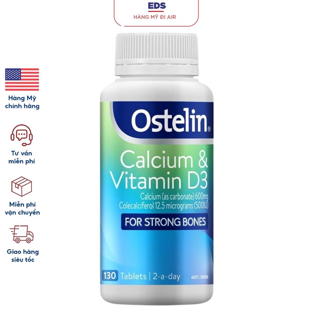 Viên uống bổ sung canxi Ostelin Calcium & Vitamin D3 - EDS Hàng Mỹ