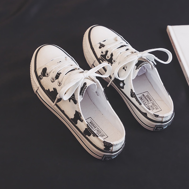 Ielgy Giày Lười Vải canvas Hở Gót Họa Tiết Bò Sữa Cho Nữ