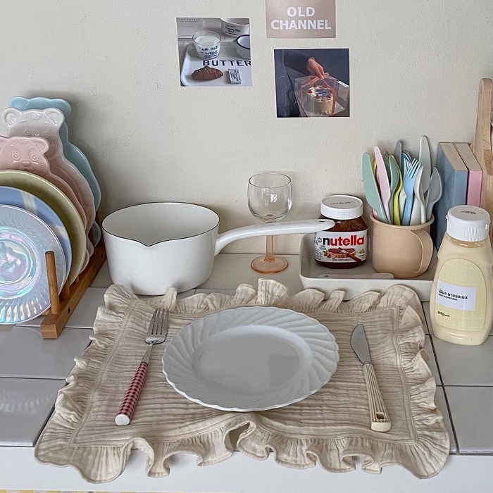 Khăn trải bàn ăn cotton muslin decor phòng bếp màu be pastel vintage tối giản - Creamy Love