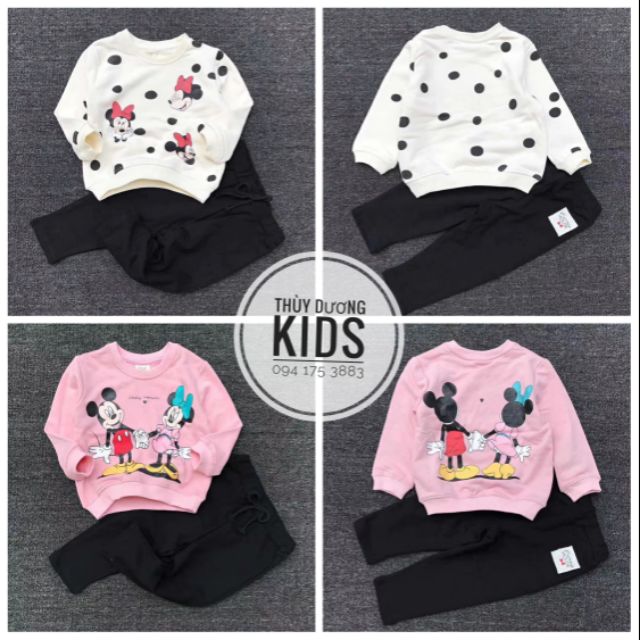 Bộ nỉ dày Zara Minnie chấm bi và mickey nắm tay màu hồng xuất dư cho bé gái