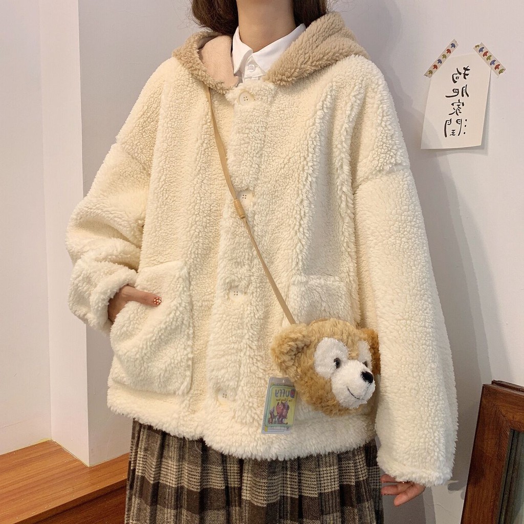 Áo khoác len màu kem bông ấm tay dài có nón tai gấu dễ thương mùa đông