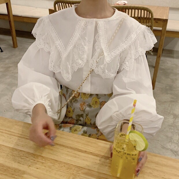 [Mã FAMAYWA giảm 10K đơn 50K] Áo Sơ Mi Cổ Ren Bèo 2 Tầng Tay Bồng Cực Xinh Freesize - A.143 | BigBuy360 - bigbuy360.vn