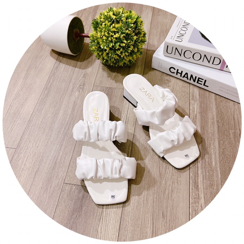 Dép 2 quai nhún da lì gót vuông 4 phân dễ đi