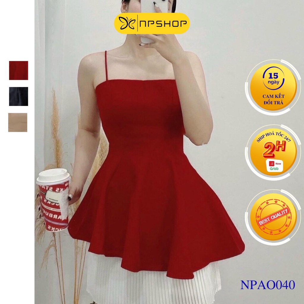Áo 2 dây nữ thắt eo dáng xoè 3 màu nude, đỏ, đen NPAO040