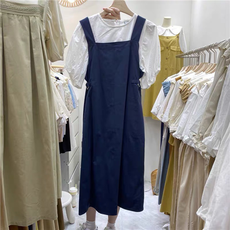 Váy yếm nữ kèm áo tay bồng đầm dự tiệc váy cưới phong cách tiểu thư Hàn Quốc hai màu đen, kaki thời trang