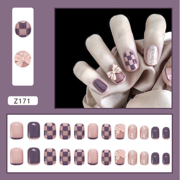 Set 24 Móng Tay Giả Đính Hạt, Đá Cao Cấp Nails Box Nội Địa Trung Tặng Kèm Keo Dán + Dũa Móng