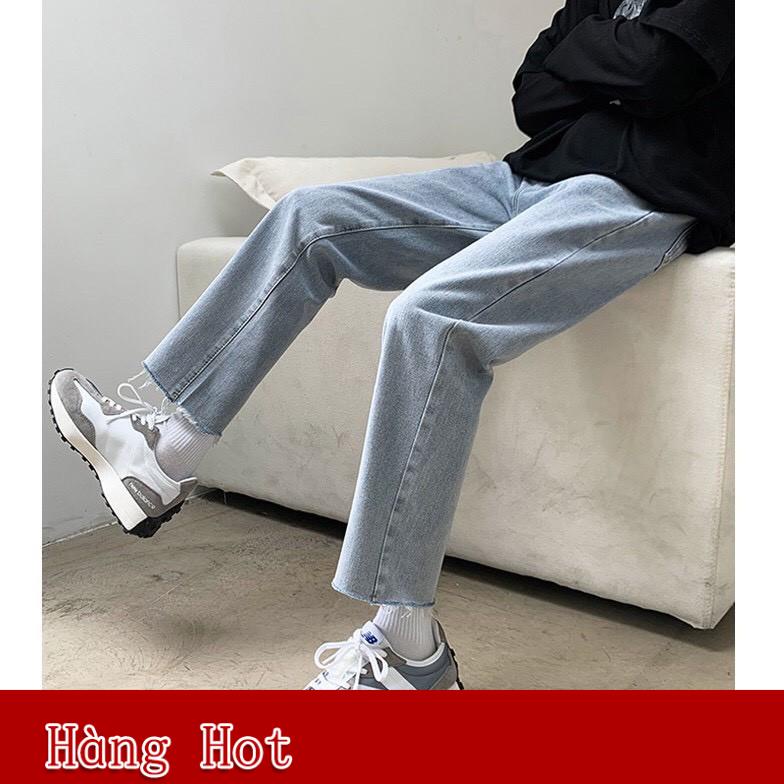 Quần Jean Baggy Nam Cắt Gấu Ống Rộng Màu Xanh Trơn Basic Unisex Vải Co Giãn