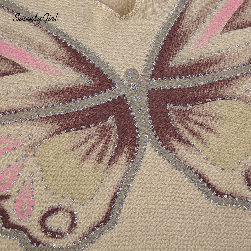 Áo croptop tay dài cổ chữ V in họa tiết bướm màu sắc tương phản thời trang cho nữ